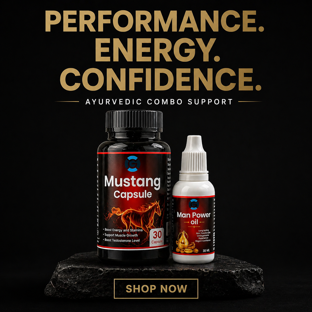 Mustang Performance Combo – Capsule + Man Power Oil | Complete Ayurvedic Energy, Stamina & Confidence Support Pack
