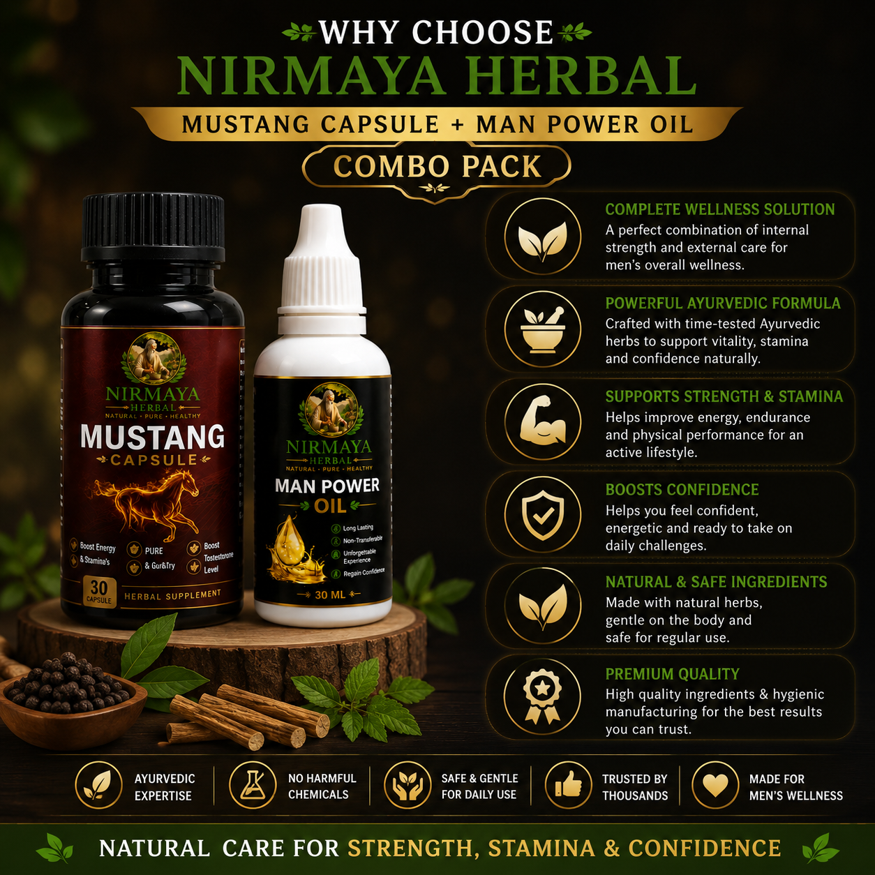 Nirmaya Herbal Mustang Capsule + Man Power Oil Combo Pack