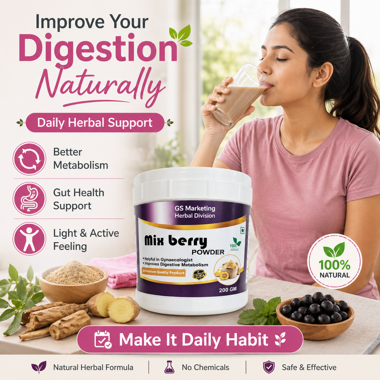 Mix Berry Powder for Women Wellness – Supports Digestion, Metabolism & Daily Health | 100gm | GS Marketing Herbal Division