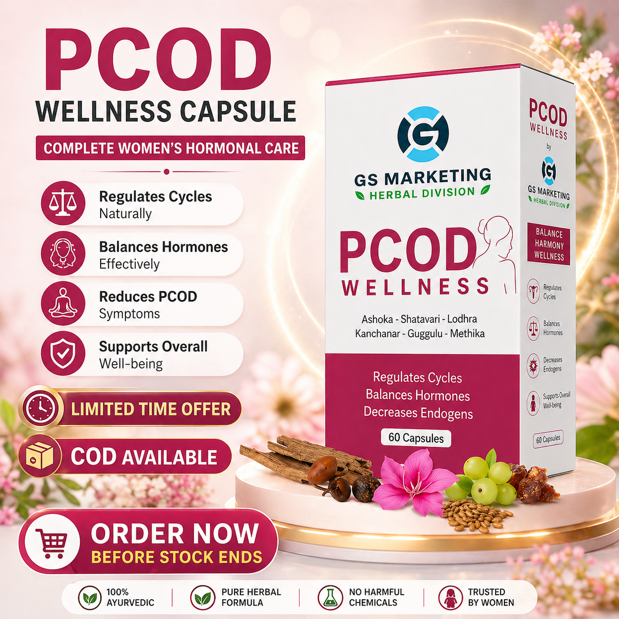 PCOD Wellness Capsule for Women – Hormone Balance, Regular Periods & Natural PCOD Support | Ayurvedic Formula | 60 Capsules